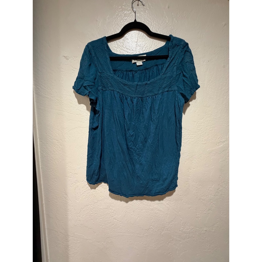 Bob Timberlake Womens XL Teal Blue Embroidered Square Neck Short Sleeve Top Boho